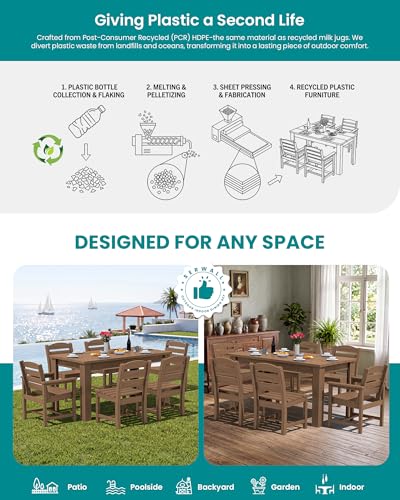 Image of SERWALL 59 inch HDPE Patio Dining Set for 10, w / 2 Tables & 10 Chairs, Brown | All Weather Resistant HDPE Dining Sets for Patio, Garden, Backyard