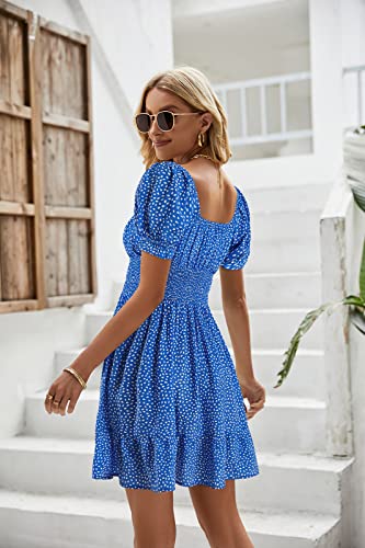 Image of Womens Babydoll Mini Dress Casual Square Neck Short Sleeve Summer Dresses | Empire Waist, Smocked, Flowy, Short Beach Dress, Vacation, Floral, Boho