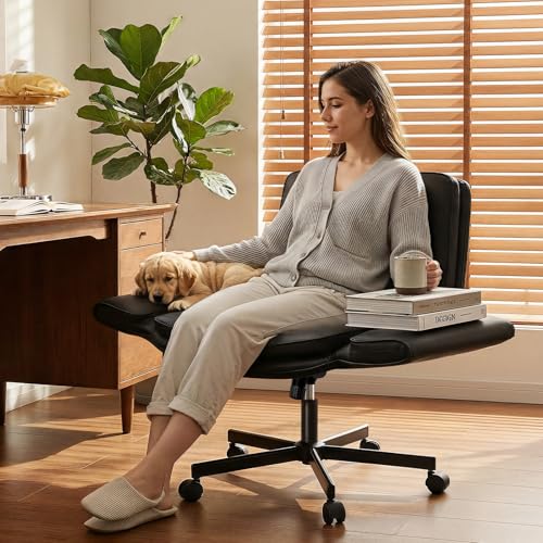 Ckaff Bürostuhl Ergonomisch mit 5-Stufig Verstellbare Armlehnen, Schreibtischstuhl mit Breitem Sitzkissen, PU Leder Schneidersitz Stuhl mit Neigefunktion, Höhenverstellbar Drehstuhl, Schwarz