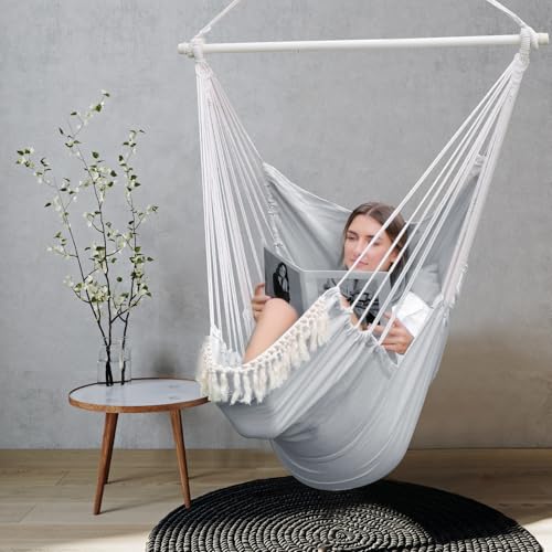 Image of Chihee Hammock Chair Foot Rest 2 Cushions Max 500lbs Metal Spreader Bar | Robust Hanging Chair Soft Cotton Blended Swing Collapsible Easy Storage Strong Strap Iron Carabiner Pocket Indoor Outdoor