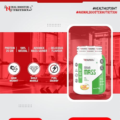 Image of Animal Booster Nutrition Maha Mass Gainer, 25 Gram Of Protein in 90gm of Servings Helps in Gain Weight, Build Muscle & Fuel Energy - Mango Flavor (11Servings /1KG)
