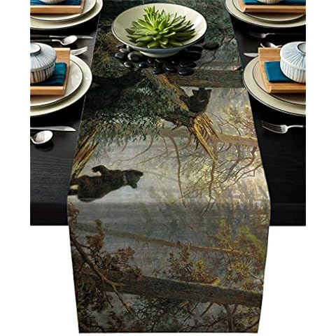 Futuregrace Modern Linen Table Runner Big Black Bear in The Forest Decortaive Table Runners for Wedding Kitchen Dressers Thanksgiving Christmas Halloween Parties Heat Resistant 13x70 Inch Cover