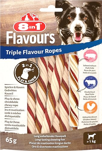 8in1 Triple Flavour Ropes Kaustangen für Hunde - Kausnacks zum Spielen und Kauen mit Rindfleisch, Schweinefleisch und Hähnchenfleisch, 65 g Beutel (ca. 6 Stück)
