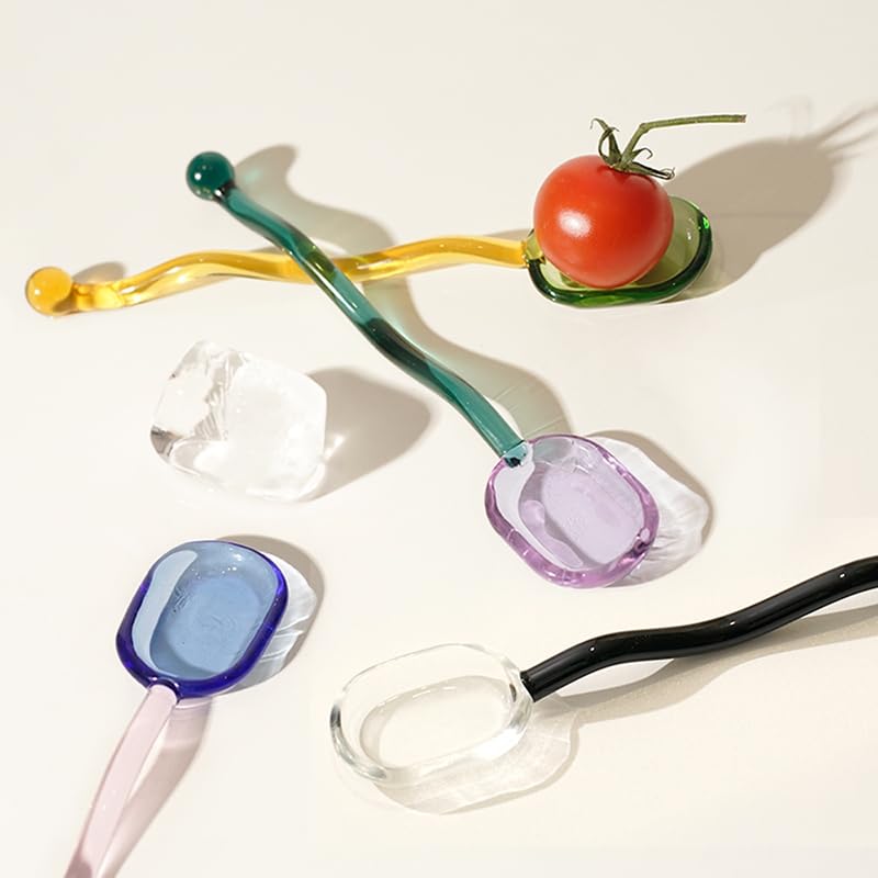 Cuillères à lait créatives en verre coloré transparent pour café, dessert, cuillère à remuer à long manche ondulé, cuillère à agiter, vaisselle de cuisine (L, 2 pièces)