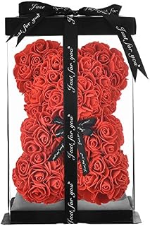 Rose Bear - Rose Teddy Bear on Every Rose Bear -Flower Bear Perfect for Anniversary's,Rose Bear, Mothers, Rose Teddy Bear. - Clear Gift Box Included! 10 Inches Tall - Over 200+ Flowers (red, 10in)