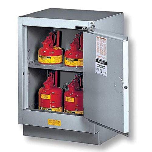 Image of Justrite 18 Gauge Steel 1 Door Self Close Under Fume Hood Flammables Safety Storage Cabinet with Right Hinge, 15 Gallon Capacity, 24 inch x 35-3 /4 inch x 21-5 /8 inch, Made in The USA, Silver, 882424
