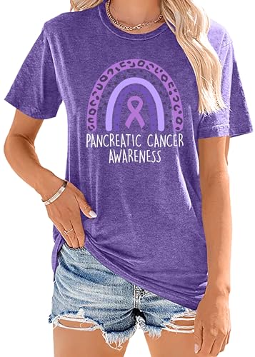 Pancreatic Cancer Shirt for Women: Purple Ribbon T Shirt Pancreatic Cancer Rainbow Short Sleeve Tee Top