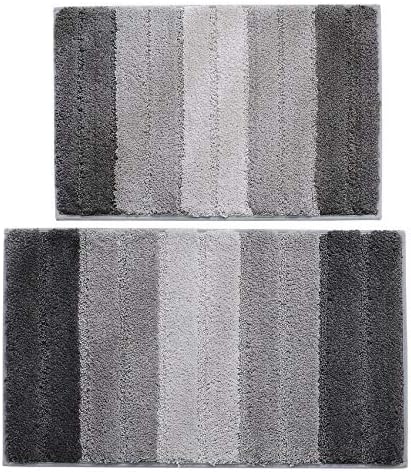 2 Pack Striped Bathroom Rug Set Bath Mats Non Slip Door Mats Ultra Soft Absorbent Plush Shaggy Floor Mats for Bathroom Kitchen Tub Toilet Bedroom Shower (Gray, 17"x 24"/20"x 32")