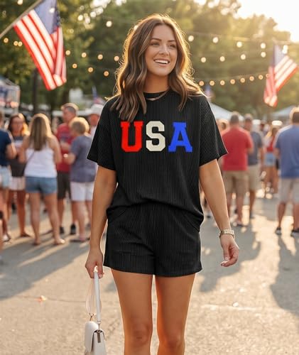 Image of MARZXIN Women 2 Piece Shorts Set 2026 Casual Summer Cruise Outfits Ribbed Loose Short Sleeve Pocket Matching Lounge Sets