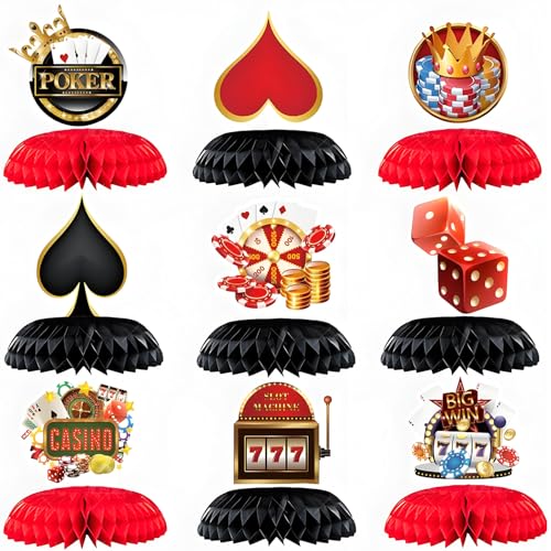 9Pcs Casino Party Honeycomb Centerpieces, Casino Night Decorations 3D Honeycomb Tabletop, Casino Theme Birthday Party Decorations, Casino Night Party 