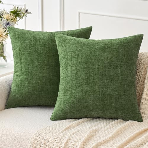 Image of MIULEE Pack of 2 Couch Throw Pillow Covers 18x18Inch Soft Moss Green Spring Chenille Pillow Covers for Sofa Living Room Solid Dyed Pillow Cases