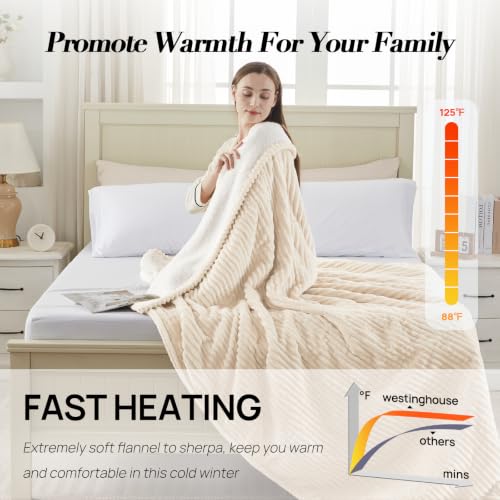 Image of Westinghouse Electric Blanket Twin, Flannel Sherpa, 62x84 Inch,Cream White | Twin Size Heated Blanket with 10 Heating Levels & 1-12 Hours Auto Shut Off, Fast Heating Warming Blanket, Machine Washable