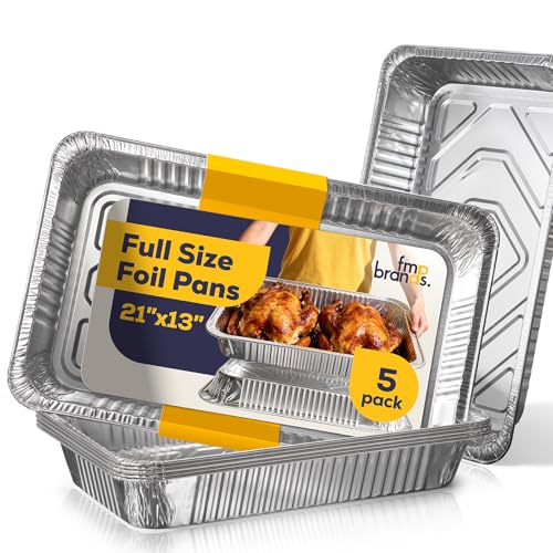 Fit Meal Prep 5 Pack Full Size Aluminum Foil Pans 21x13 Heavy Duty Large Disposable Roasting Pans for Cooking Serving Freezing Baking Pan Trays for Catering Meal Prep and Food Storage