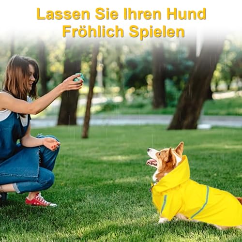 Hunderegenmantel Verstellbarer Leichter Hundemackintosh Hunderegenmantel Wasserdicht Mit Kapuze und Reflektierenden Streifen für kleine Mittlere und Große Hunde für Spaziergänge im Freien (Gelb, S)