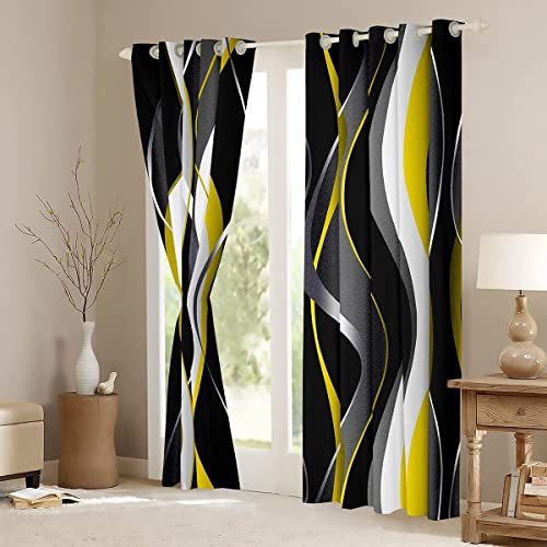 Loussiesd Yellow Grey Black Curtains Geometric Spiral Pattern Window Drapes for Boys Girls Modern Luxury Blackout Curtain Abstract Art Window Treatments W46*L72 - Image 3