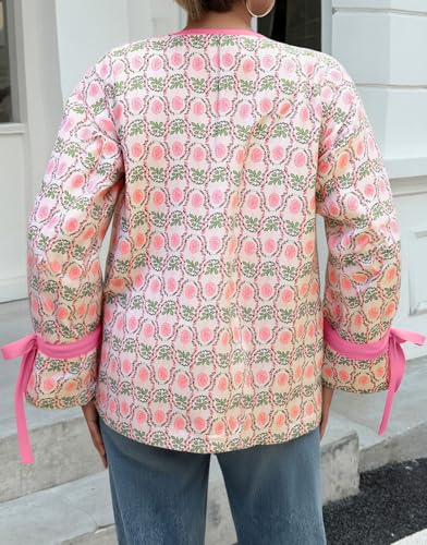 Tankaneo Womens Cropped Puffer Jacket Floral Print Open Front Quilted Jacket Bow Tie Heart Coat Lightweight Outerwear3