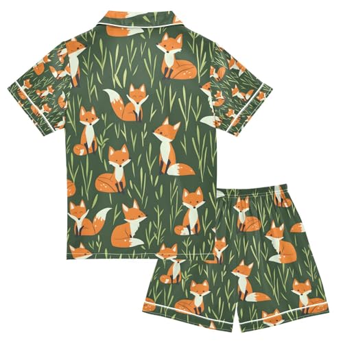 senya Cartoon Foxes and Grass Satin Summer Pajama Sets Silk Short Sleeve Button Down Sleepwear2