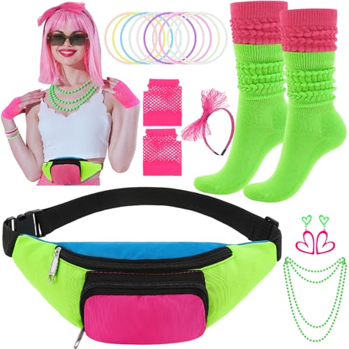 Fingertip WD 80s Costume Accessories Set Neon Retro Fanny Pack Hairband Fishnet Slouch Socks for Party Halloween (80s 19)