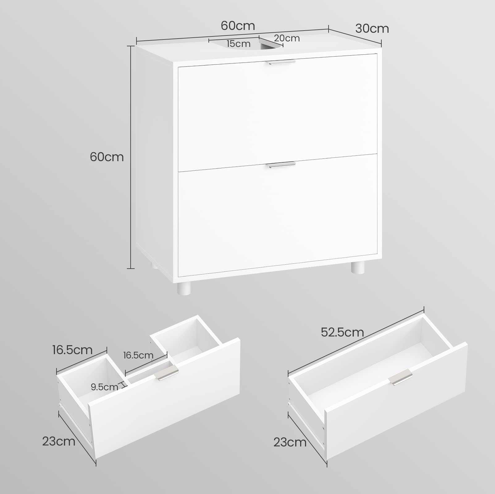 Waschbeckenunterschrank, Badezimmer Unterschrank Waschbecken mit 2 große Schubladen, Badezimmerschrank mit Füßen, Öffnung für Siphons, Badschrank, Waschtischunterschrank, 30 x 60 x 60 cm,Weiß