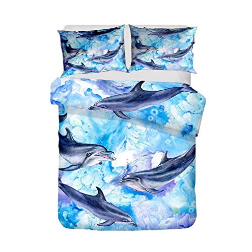 Image of 3D Marine Animal Bedding Set 200x200 cm Blue Green White Dolphin Turtle Fish Whale Graffiti Microfiber Quilt Cover for Kids Bedding Bohemian Flower Duvet Cover and Pillowcase (Blue, 200x200 cm)