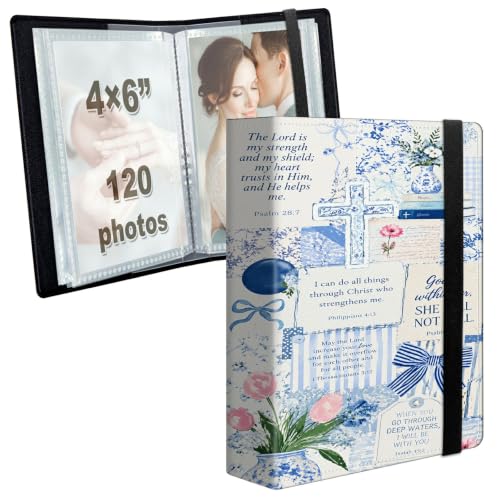 Image of Photo Album 4x6 120 Photos with Strong Elastic Band, Blue Christian Collage | Large Capacity Premium Leather Picture Album, Portable Wallet Albums Photo Book for Family Anniversaries Wedding Baby