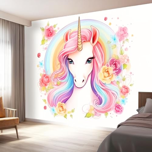 Papel Pintado Pared Arte De Dibujos Animados Unicornios Flores, Blanco Mural Autoadhesivo 250 x 175 cm（WxH Adhesivo Muebles Autoadhesivo Papeles Pintados Baño para Salón Pasillo