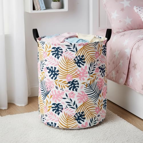 Image of Round Pink Leaves Pattern Laundry Hamper Storage Basket Fabric Material Storage Hamper Organization Basket, Storage Bin, Gift Box with Handles for Room