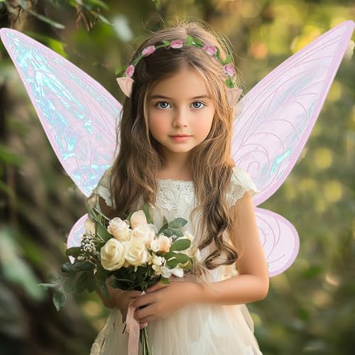 Image of TecoKart Butterfly Wings for Girls - Fairy Wings for Kids Girls Butterfly Set, Pink Fairy Wings with Flower Garland, Elf Ears and Love Sticks, Ideal for Girls Birthday Party