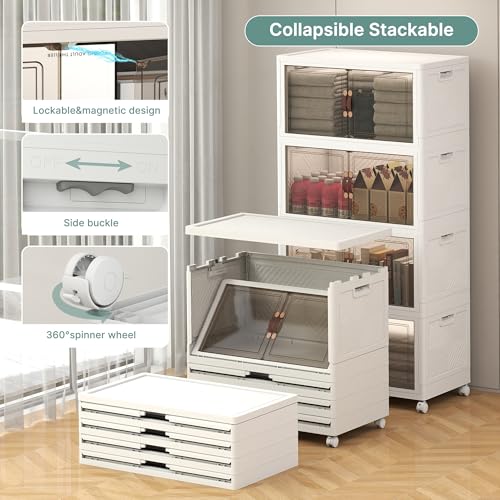 Image of UAMFURI 448QT Lockable Storage Bins with Lids - Stackable Storage Cabinet with Doors and Wheels, Collapsible Plastic Organizer and Containers for Bedroom Dorm Office Garage, 4 Pack Cubes | Stackable Organizer with Doors & Wheels, Foldable Containers for Bedroom, Dorm, Office & Garage Storage
