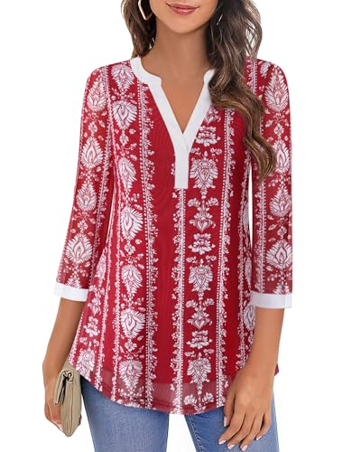 Image of Timeson Women's Short Sleeve V Neck Blouses Shirts Floral Double Layers Mesh Tunics Tops