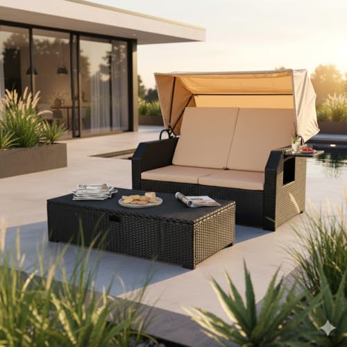 Mucola Strandkorb Polyrattan mit Dach Schwarz/Beige – 2-Sitzer Sonnenbett wetterfest, verstellbare Rückenlehne & Fußbank, klappbarer Tisch,...