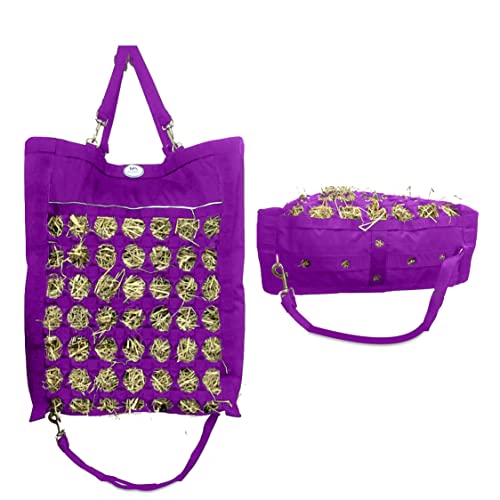 Majestic Ally Nylon Reflective 2.5" Octagon Hole Slow Feed Hay Bag for Horses Adjustable Travel Feeder for Trailer Stall