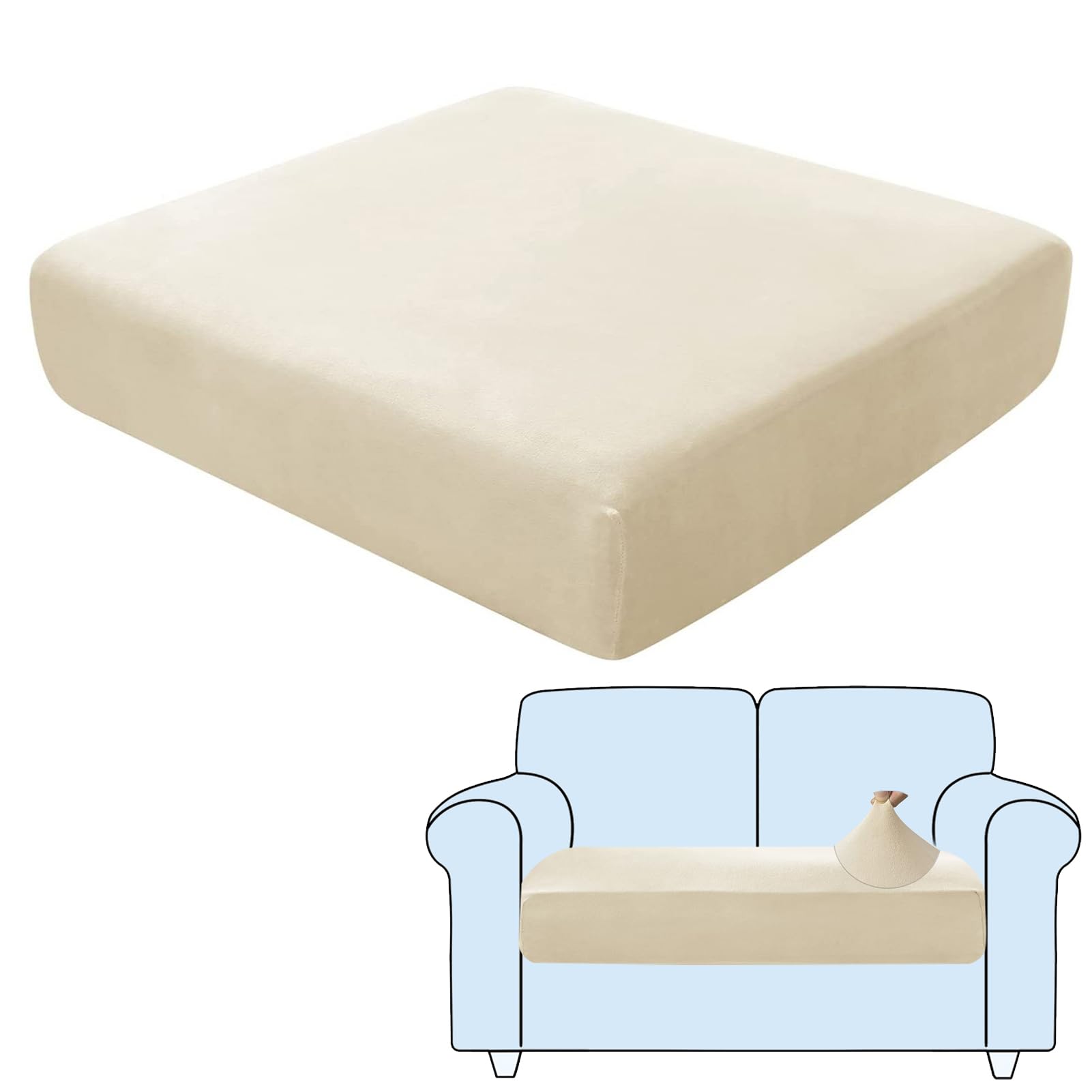 SHUOJIA Sofa Seat Cushion Covers, Stretch Velvet Sofa Cover, Non-Slip Couch Cushion Covers Replacement for Individual Cushion,with Elastic Fabric,Machine Washable (Cream Color,2-Seater)