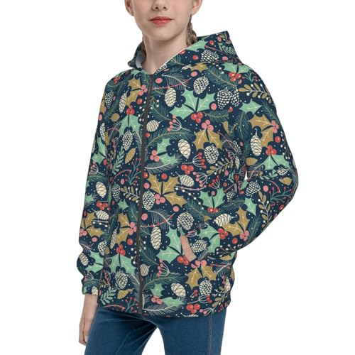 Holly Leaves and Berries Kid Hoodies Boys Zip Up Sweatshirts Girls Pullover with Pocket