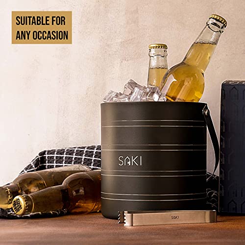 Image of SAKI Stainless Steel Ice Bucket with Tong - 1500 ml | Double Wall Insulation | Premium Ice Bucket for Bar & Home | Gray Color | Ring Design, Medium, 1.5L