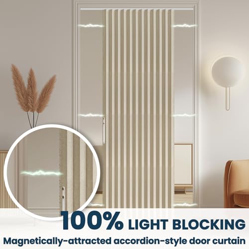 Image of AJAZZ 100% Blackout Accordion Door Invisible Folding Door Sliding Glass for Bedroom Living Room Doorway Curtain Sets Included Tracks (1 Pack, 72W x 79 L, Cream Yellow)