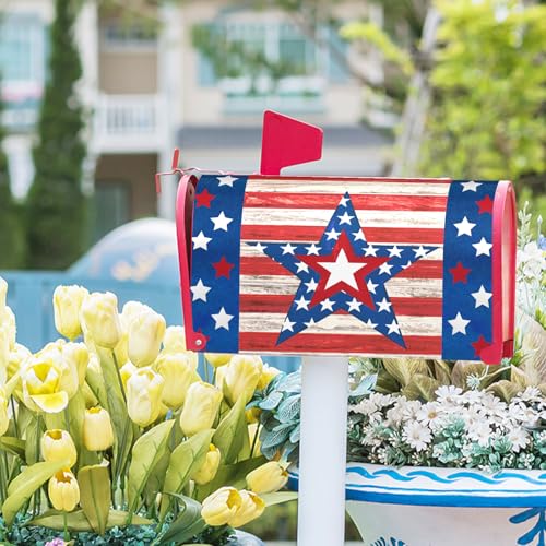 Image of Patriotic Star American Flag Magnetic Mailbox Cover Standard Size 21 inchx18 inch 4th of July Independence Day Mailbox Deacal Covers Farmhouse Rustic Welcome Post Letter Box Wrap for Home Garden Yard Outside
