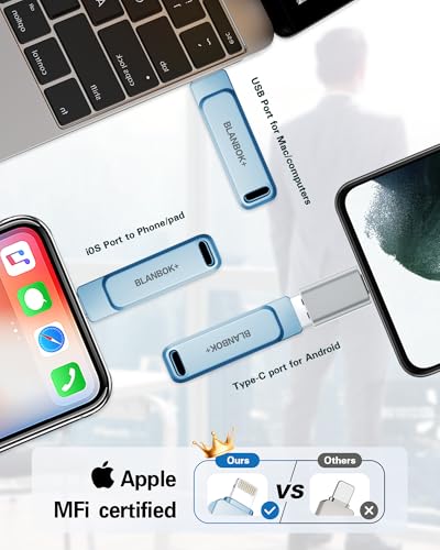 BLANBOK+ MFi Certified 3 in 1 Flash Drive for iPhone,USB Memory Stick,Memory Stick Photo transfer,USB Storage Stick for iPhone/iPad/Android/PC (Blue, 256, GB)