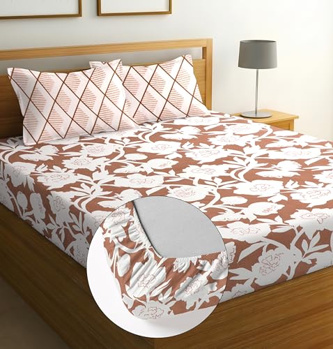 Image of Cotton Glace Cotton Elastic Fitted Bedsheet with 2 King Size Pillow Covers | Double Bed with All Around Elastic, Fits Upto 8 Inches Mattress, Size 72 x 78 Inches (Brown White)