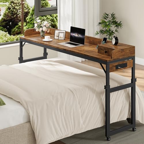 HOOBRO Overbed Table with Wheels 180 cm Mobile Over Bed Desk with Charging Station Height Adjustable 84-109 cm for Bedroom Living Room Office Rustic Brown and Black EBF180KDN01