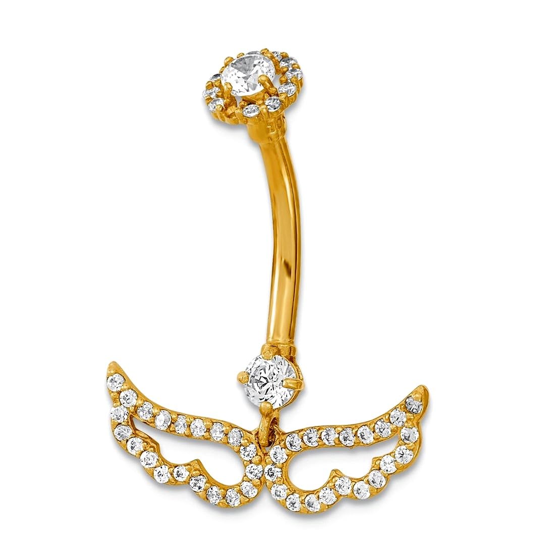 Bauchnabelring aus 14 Karat Gold, 14 Gauge, religiöse Schutzengelflügel, Zirkonia, künstlicher Diamant, Körperschmuck, Maße: 25,65 x 18,89 mm breit, Schmuckgeschenk für Frauen, Metall, Zirkonia