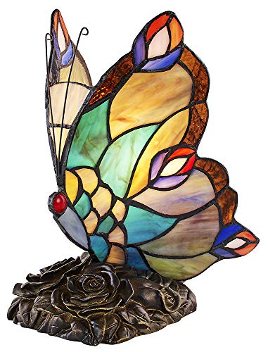 Happy Homewares Beautifully Handmade Multi-Coloured Glass Butterfly Tiffany Lamp with Uniquely Designed Antique Bronze Resin Base