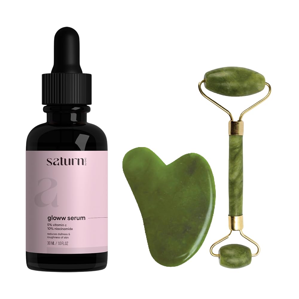 Skin Care Combo: 5% Vitamin C Face Serum with Niacinamide and Natural Himalayan Stone Facial Massager - Jade Roller & Gua Sha Tool | Promotes Glowing & Brightening Skin | SLS-Free, Paraben-Free, 100% Vegan | Suitable for All Skin Types