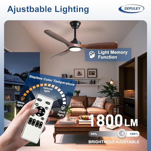 Image of Depuley 42-Inch Ceiling Fan with Light: Walnut 3 Blade Indoor Outdoor Fans for Patios - Dimmable Ceiling Fan with Remote Control Fandelier Ultra Quiet DC Motor Reversible 6 Speed Timer
