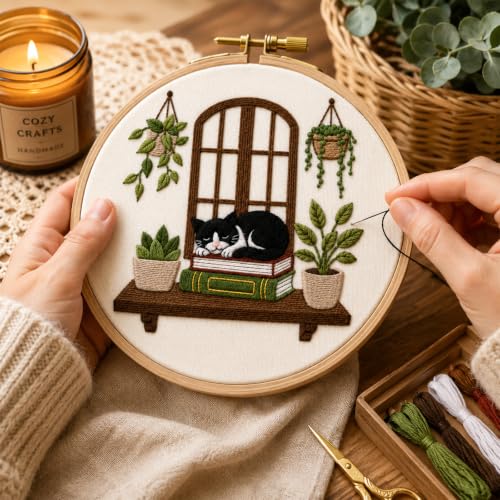Image of Nuberlic Embroidery Kit for Beginners Stamped Black Cat | Includes Printed Fabric, Hoop, Threads, Needles And Guide Needlework Kit DIY Wall Decor, Gifts And Relaxing Art