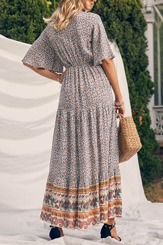 Image of PRETTYGARDEN Women's Casual Summer Boho Floral Print Dress V Neck Short Sleeve High Waist Long Maxi Beach Dresses