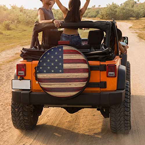 Image of American Flag Reclaimed Wood Spare Tire Cover Dust-Proof Wheel Tire Cover Fit Trailer, RV, SUV and Many Vehicle 15 Inch