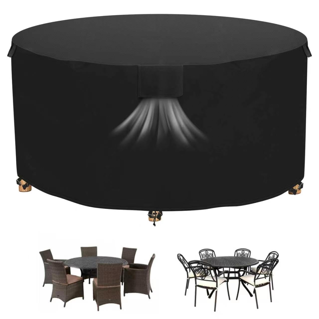 Raweao Black Waterproof Round Garden Furniture Cover For 6‑Seater Rattan Dining Set, Φ190×72Cm, 500D Heavy Duty Anti‑Uv Windproof Outdoor Patio Round Table Chair Cover With Drawstring&Air Vents