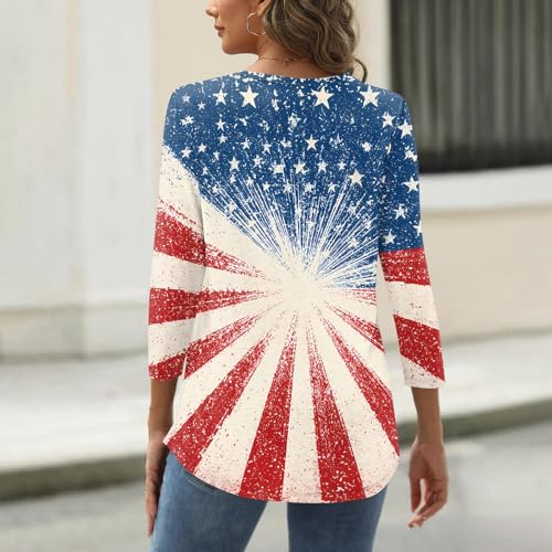 Image of 4th of July Shirts Women 3 /4 Length Sleeve Womens Tops Henley Neck Casual Patriotic T Shirts