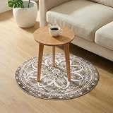 Carvapet 2ft Small Round Rugs - Vintage Washable 24 inch/61 cm Non-Slip Circle Rug with Rubber Backing Foldable Low Pile Design for Entryway Living Room Bedroom, Brown Rug